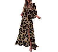 Böhmisches Kleid für Frauen V-Ausschnitt Langarm Damenkleider Leopard Kordelzug Schnürrock Knöchellang Lange Kleider