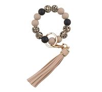 Boethesi Leoparden-Silikonperlen-Schlüsselanhänger, PU-Quasten-Armband, Armreif, Perlen, Auto-Schlüsselanhänger für Damen, Handgelenk-Schlüsselanhänger, Khaki, Einheitsgröße