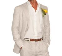 Bofan 2-teiliger Leinenanzug für Herren, schmale Passform, lässig, Strand, Hochzeit, Sommer, Bräutigam, Bräutigam, Bräutigam, Leinenblazer, Hosenanzug, Beige, XL