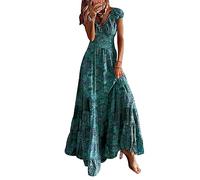 Bohemian Kleid Damen Langes Sommerkleid Strandkleid Damen Lang Lange Casual Swing Kleider Frauen Boho Blumiges Kleid V Ausschnitt Damen Maxikleid Strandkleider Sommerkleider Damen Sommer Grün XL
