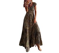 Bohemian Kleid Damen Langes Sommerkleid Strandkleid Damen Lang Lange Casual Swing Kleider Frauen Boho Blumiges Kleid V Ausschnitt Damen Maxikleid Strandkleider Sommerkleider Damen Sommer Kaffee M