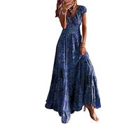Bohemian Kleid Damen Langes Sommerkleid Strandkleid Damen Lang Lange Casual Swing Kleider Frauen Boho Blumiges Kleid V Ausschnitt Damen Sommer Maxikleid Strandkleider Sommerkleider Damen Sommer Blau L