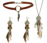 Bohemian Schmuck Set für Damen Boho Feder Traumfänger Ohrringe Drop Leder Choker Halskette Vintage Bohemian Feder Anhänger Ohrringe Handmade Retro Türkis Schmuck Anhänger Boho Stammes Schmuck Sets