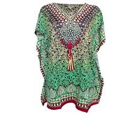 Bohemian Tunika Kleid, V-Ausschnitt, Kaschmir-Druck, mehrfarbig, Schmetterlingsärmel, Kaftan-Tunika, grün, One size