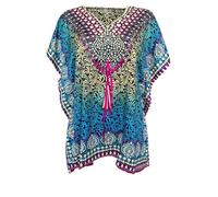 Bohemian Tunika Kleid, V-Ausschnitt, Kaschmir-Druck, mehrfarbig, Schmetterlingsärmel, Kaftan-Tunika, türkis, One size