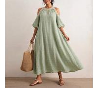 Bohemischer Frühlings-/Sommer-Neuzugang: Luftiges grünes Kleid, Off-Shoulder, weite Laternenärmel, ausgestellter Rock, Spitzenbesatz, lässig und elega