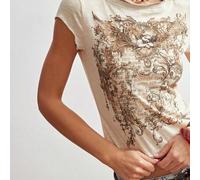 BOHO amerikanisch lässiges Engel Grafik Patchwork Rundhals Kurzarm tailliertes Damen T-Shirt