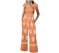 Boho-Jumpsuit für Damen - Vintage-Blumenmuster, weites Bein, hohe Taille, kurze Ärmel, quadratischer Ausschnitt, gesmokt, Einteiler mit Taschen, für Sommer, Freizeit, Strand, Reisen, Urlaub, Outfits