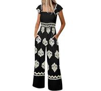 Boho-Jumpsuit für Damen - Vintage-Blumenmuster, weites Bein, hohe Taille, kurze Ärmel, quadratischer Ausschnitt, gesmokt, Einteiler mit Taschen, für Sommer, Freizeit, Strand, Reisen, Urlaub, Outfits
