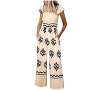 Boho-Jumpsuit für Damen - Vintage-Blumenmuster, weites Bein, hohe Taille, kurze Ärmel, quadratischer Ausschnitt, gesmokt, Einteiler mit Taschen, für Sommer, Freizeit, Strand, Reisen, Urlaub, Outfits