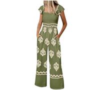 Boho-Jumpsuit für Damen - Vintage-Blumenmuster, weites Bein, hohe Taille, kurze Ärmel, quadratischer Ausschnitt, gesmokt, Einteiler mit Taschen, für Sommer, Freizeit, Strand, Reisen, Urlaub, Outfits