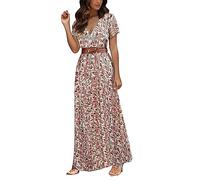 Boho-Kleid, Boho Kleid Rot Damen Elegant Sommer Wickelkleid Blumenkleid Hohe Taille Sommerkleider Curvy Tunika A-Linie Sommerkleid Strandkleid