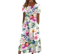 Boho Kleid Damen Blumenkleid Maxikleider Damen Sommer A-Linien Sommerkleider Große Größen Bohemian Damenkleider Hawaii Ibiza-Kleid Maxi Sommerkleid Mit Taschen Kleider Rundhals Kurzarm