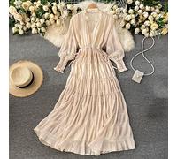Boho Kleid Damen, Damen-Boho-Kleid, Elegantes Plissee-Midikleid, 3/4 Laternenärmel, Urlaubskleid, Separate Hosenträger, Kordelzug, Elastische Taille Für Büro, Freizeit, Sommer-Damenkleid, Aprikose