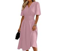 Boho Kleid Damen,Damen Kurzarm Sommer Rockabilly Kleider Midikleid Einfarbig V-Ausschnitt Strandkleid Freizeitkleider Leicht Luftig A Linie Sommerkleider Partykleid Hohe Taille Wickelkleid(Rosa,XL)