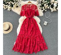 Boho Kleid Damen, Damen-Spitzenkleid, Modisch, Schick, Schmales Kleid, Kurze Ärmel, Mit Gürtel, Hohle Stickerei, Swing-Rock, Spitze, Vintage, Formelles Hochzeitsgast-Cocktail-Partykleid, Rot