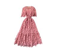 Boho Kleid Damen, Damen-Spitzenkleid, Modisch, Schick, Schmales Kleid, Kurze Ärmel, Mit Gürtel, Hohle Stickerei, Swing-Rock, Spitze, Vintage, Formelles Hochzeitsgast-Cocktail-Partykleid, Rosa