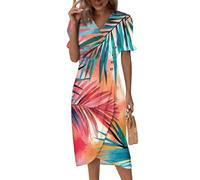 Boho Kleid Damen,Dresses For Women Leinenkleid Damen Sommerkleid Kurzarm V-Ausschnitt Wickelkleid Elegant Sommer Strandkleid Midikleid Blumendruck Sommerkleider Cocktailkleid Knopf (3-Orange,L)