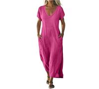 Boho Kleid Damen,Dresses for Women Shirtkleid Damen Kleider Kurzarm Strandkleid Maxikleid V Ausschnitt Midikleid Sommerkleider Loose Luftig Wickelkleid Freizeitkleid Mit Tasche(2-Weinrot,XL)