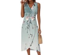 Boho Kleid Damen, Hochzeitsgast Damen Rockabilly Kleider Ärmellos V-Ausschnitt Blumenmuster Wickelkleid Tailliert A-Linie Midikleid Elegant Festlich Sommer Casual Classic (2-Minzgrün, XXL)