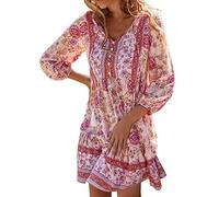 Boho Kleid Damen Lang Kleider Damen Hohe Taille Kleid Damen Langarm mit V-Ausschnitt Elegant Bohemian Freizeitkleider Plissee Swing Chic Blumendruck Tunikakleid Midikleid Cocktailkleid