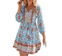 Boho Kleid Damen Lang Kleider Damen Hohe Taille Kleid Damen Langarm mit V-Ausschnitt Elegant Bohemian Freizeitkleider Plissee Swing Chic Blumendruck Tunikakleid Midikleid Cocktailkleid