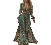 Boho Kleid Damen Lang Sommer Maxikleider Casual Blumenmuster A-Linie Freizeitkleid Schöne Vintage Rustikaler Stil V-Ausschnitt Kleid Langarm Sommerkleid Blumenkleid Urlaub Hochzeit Western Country