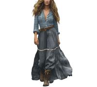 Boho Kleid Damen Lang Sommer Maxikleider Casual Blumenmuster A-Linie Freizeitkleid Schöne Vintage Rustikaler Stil V-Ausschnitt Kleid Langarm Sommerkleid Blumenkleid Urlaub Hochzeit Western Country