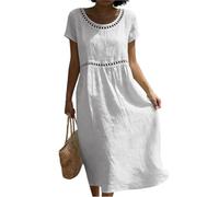Boho Kleid Damen, Rockabilly Kleider Damen Einfarbige V-Ausschnitt Kurzarm Sommer Freizeitkleider Loose Hallow Out Leichtes Midikleid Sommerkleider Casual (2-Weiß, L)