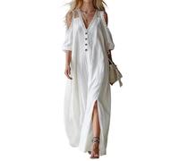 Boho Kleid Damen Sommer V Ausschnitt Spitze Sommerkleid Damen Lang Mit Schlitz Tunikakleid Ibiza Style Kleider Cold Shoulder Maxikleid Elegant A Linie Strandkleid Luftig Sommerkleider Leicht