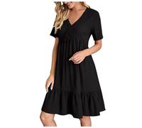 boho kleid damen, Sommerkleid Damen Knielang Kurzarm Sommer Strandkleid Musselin Kleid Elegant V-Ausschnitt Midikleid Casual Leicht Luftig Tunikakleid Einfarbig A-Linie Freizeitkleid Schwarz XL
