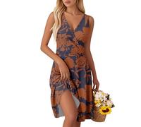 Boho Kleid Damen V-Ausschnitt Kleid Ärmellose Casual Kleider Sommerkleid Floral Party Kleid A-Linie Hohe Taille Strandkleider Leicht und Luftig Minikleid für Urlaub S-2XL A Coffee S