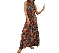 Boho Kleid Damen, Vintage Kleider Boho Style Sommerkleid Lang Cocktailkleid Wunderschön Maxikleid Langarm Blumenkleid V-Neck Floral Dress Hemdblusenkleid Elegant Festliche Kleider S Coffee