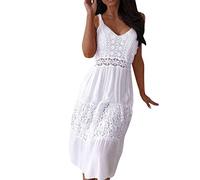 Boho Kleid Damen Weißes Retro Sommer Spitzen Strandkleid Maxi Kleider Boho Lang Lose Sommerkleid Elegant Casual A-Linie Hemdblusenkleid