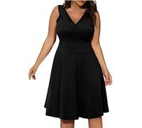 boho kleid mutter tochter kleid kleider festlich ÜBergrößEn V-Ausschnitt ÄRmellos Einfarbig Knielang Kleid GroßE GrößEn Tank-Kleid Hohe Taille Sexy Elegant Swing Kleid kleid knielang (Schwarz, XXL)