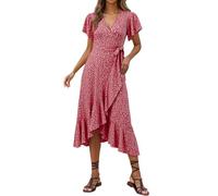 Boho Kleider, Blumenkleid Rot Damen Boho Elegant Sommer Sommerkleid Wickelkleid Curvy Kleid Freizeitkleider A-Linie Tunika Hohe Taille Blumenkleid Sommerkleider Boho-Kleid