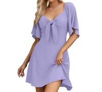 Boho Kleidung Damen brautjungfernkleider Kleid festlich Sommerkleid midi Rüschen Kurze Ärmel Einfarbig V-Ausschnitt Kurz Freizeit Mittelalter kostüm 23er Jahre（Lila, XL