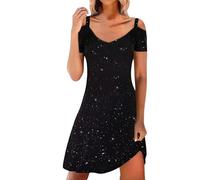 Boho Kleidung Damen, Hemdblusenkleid Damen Pareos & Strandkleider Für Damen Frauen Sexy Pailletten V-Ausschnitt Kalte Schulter A-Linie Swing Knielang Kleid Kurzes Kleid Strandkleid (1-Black,3XL)