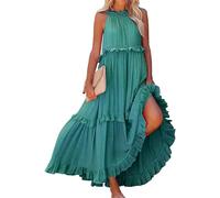 Boho Kleidung Damen, Sommerkleid Damen Boho Kleider Lang Ärmellose Maxikleid Neckholder Elegant Sommer Kleid Hochzeitsgast Partykleid High Waist Freizeitkleid Casual Strandkleid, XL