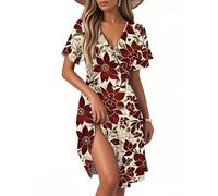 Boho Kleidung Damen, Sommerkleider Damen A-Linien Blumen Knielänge V Ausschnitt Kurz Flatterärmel Lässig Kleider für Frauen 2025 Sommer Urlaub mit Rüschen Ärmel C Wine S