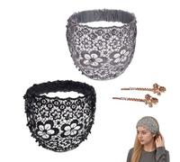 Boho Lace Headbands for Women Wide, Vintage Pearl Beaded Hair Bands with Plum Blossom Hollow Design, Non-Slip Elastic Hair Accessories for Wedding Party Daily Wear, Elegant Breathable Head Wrap (C*2)