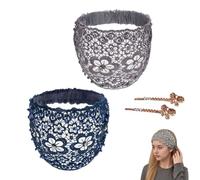 Boho Lace Headbands for Women Wide, Vintage Pearl Beaded Hair Bands with Plum Blossom Hollow Design, Non-Slip Elastic Hair Accessories for Wedding Party Daily Wear, Elegant Breathable Head Wrap (E*2)
