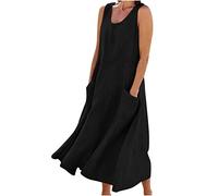 Boho Leinenkleid Damen Ärmelloses Sommer Kleid Langer Freizeitkleid Baumwolle Leinen Strandkleid U-Ausschnitt Sommerkleid Leinenkleider Einfarbig Strand Urlaub Freizeitkleid mit Taschen Kleider Dünn