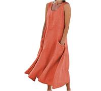 Boho Leinenkleid Damen Ärmelloses Sommer Kleid Langer Freizeitkleid Baumwolle Leinen Strandkleid U-Ausschnitt Sommerkleid Leinenkleider Einfarbig Strand Urlaub Freizeitkleid mit Taschen Kleider Dünn