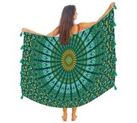Boho Mandala Pareo Sarong Bikini Cover-Up mit Quasten - Superweiche leichte Baumwolle, Großes indisches Pfauenmuster, Türkisgrün