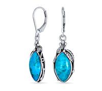 Boho Native American Style Stabilized Blue Turquoise Marquise-Förmiger Edelstein-Blatt-Feder-Hängeohrringe Westernschmuck Für Frauen Jugendliche Mit Hebelverschluss Aus Oxidiertem .925 Sterlingsilber