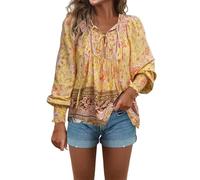 Boho Oberteil Damen Hippie Bluse Damen Boho weiß Oberteil Tunika Sommerblusen Leicht Und Luftig Blumen Sommer Weiß Sommerbluse Style Blusenshirt Rosa Gelb L