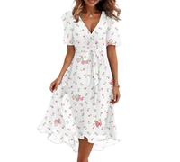 Boho Sommerkleid Damen Wickelkleid mit Blumenprint Midikleid mit Rüschenärmeln und A-Line-Schnitt Elegantes Freizeitkleid für Festival Party White XL