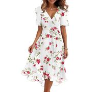 Boho Sommerkleid Damen Wickelkleid mit Blumenprint Midikleid mit Rüschenärmeln und A-Line-Schnitt Elegantes Freizeitkleid für Festival Party Red L