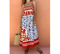 Boho-Sommerkleid für Damen, Sommerkleid, Urlaubskleid, Spaghettiträger, Fischdruck, Buchstaben-Grafik, figurbetontes Strand-Maxikleid